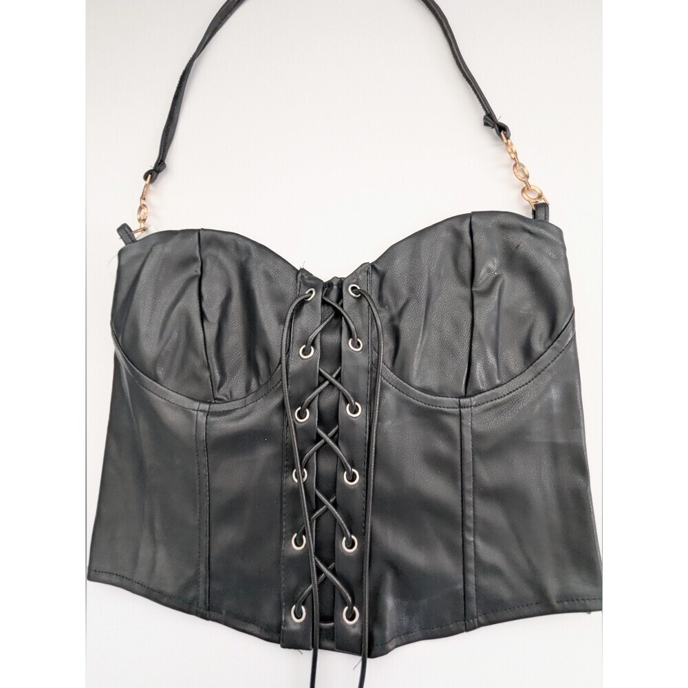 Women's (Large) Edgy Black Faux-Leather Lace-up Bustier/Corset w/Elastic Back